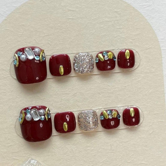 Elegant Burgundy and Gold Rhinestone Press-On Toenails. Artificial reusable fake glue on faux manicure nails trendy art.