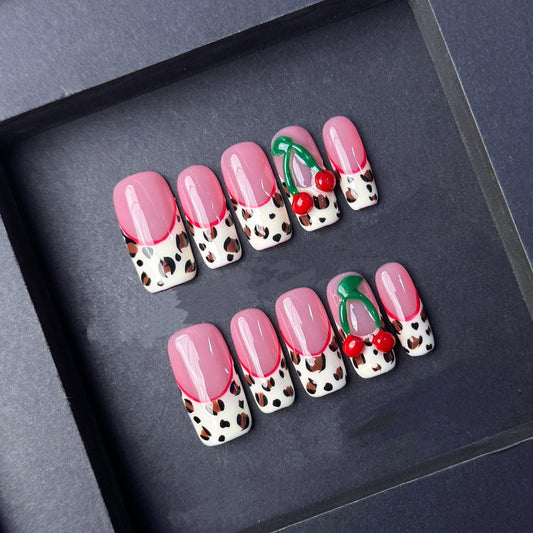 Pink Cherry Leopard Press-On Nails with French Tips. Artificial reusable fake glue on faux manicure nails trendy art.