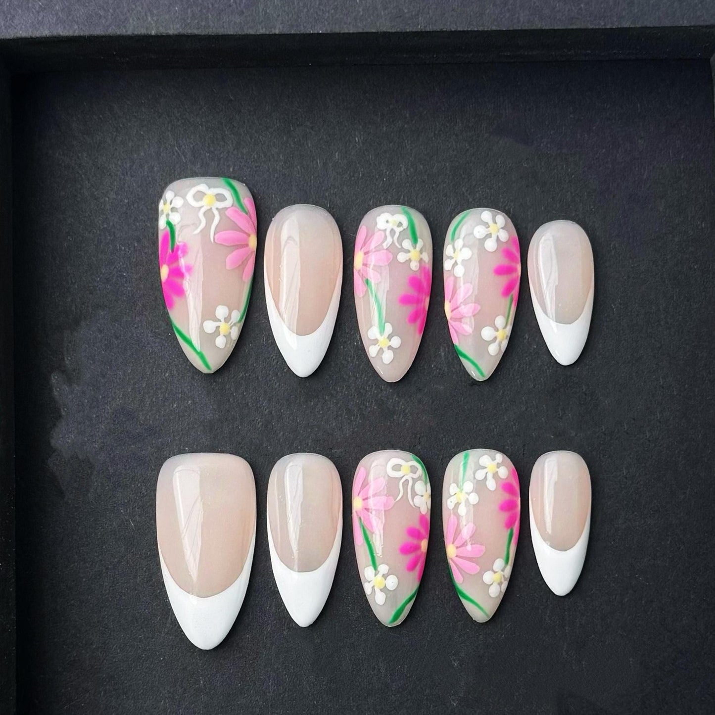 Pink Wildflower Meadow French Tip Press-On Nails with Hand painted Daisy Blooms. Artificial reusable fake glue on manicure nails trendy art.