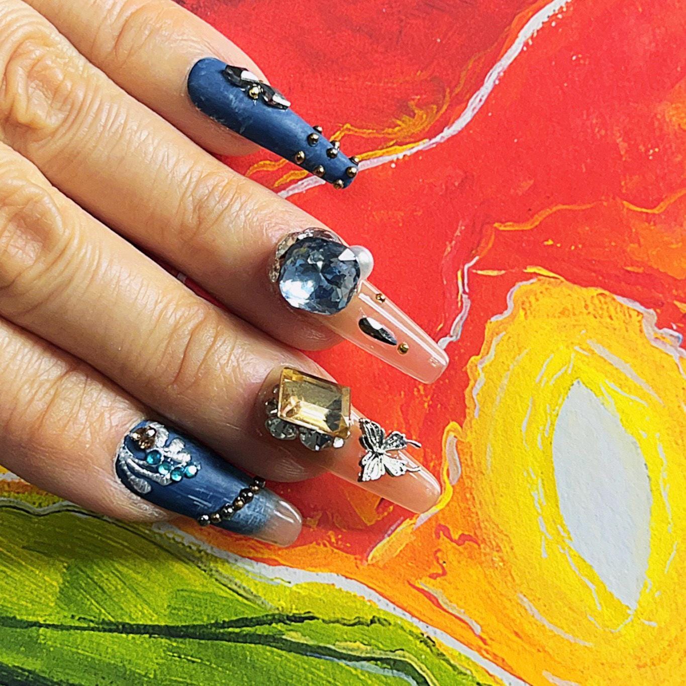 Royal Blue and Nude Baroque Gem Press-On Nails with 3D Embellishments. Artificial reusable fake glue on faux manicure nails trendy art.