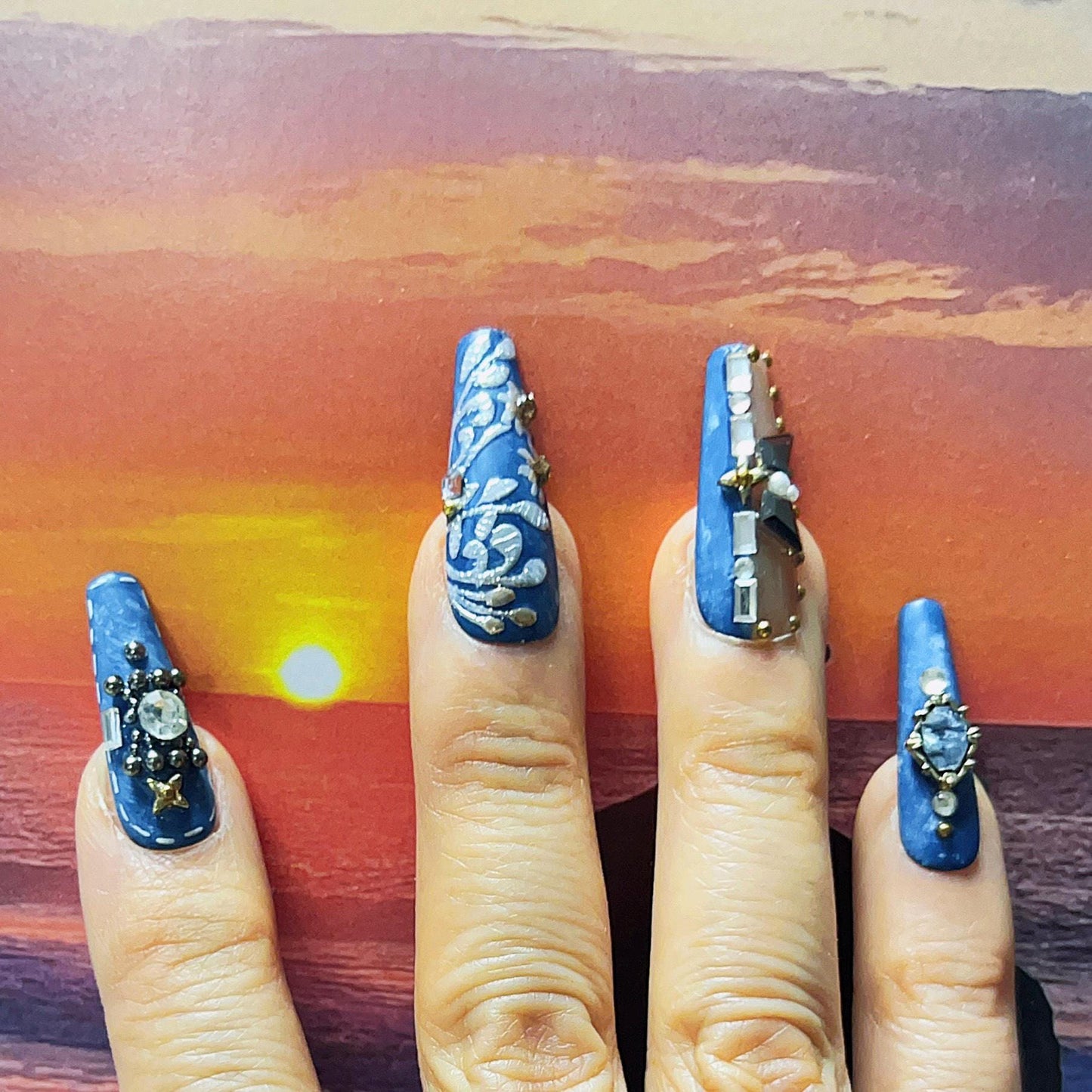 Royal Blue and Nude Baroque Gem Press-On Nails with 3D Embellishments. Artificial reusable fake glue on faux manicure nails trendy art.