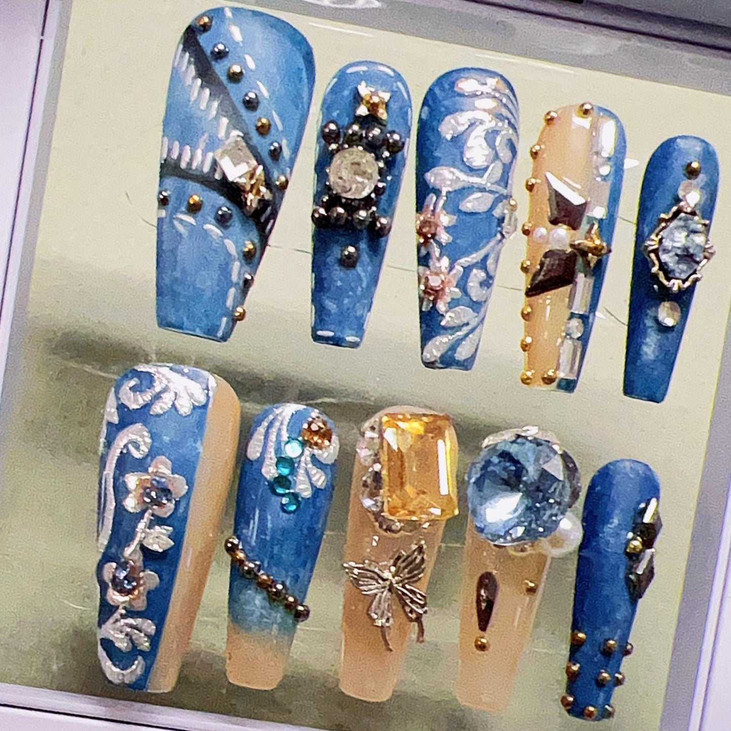 Royal Blue and Nude Baroque Gem Press-On Nails with 3D Embellishments. Artificial reusable fake glue on faux manicure nails trendy art.