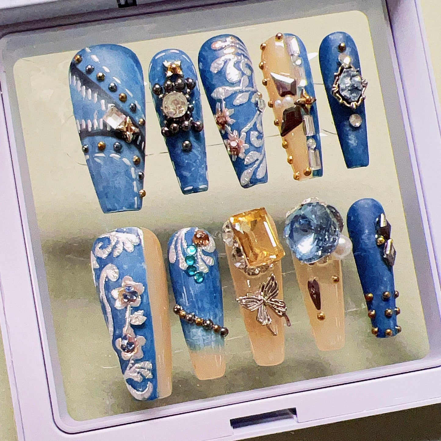 Royal Blue and Nude Baroque Gem Press-On Nails with 3D Embellishments. Artificial reusable fake glue on faux manicure nails trendy art.