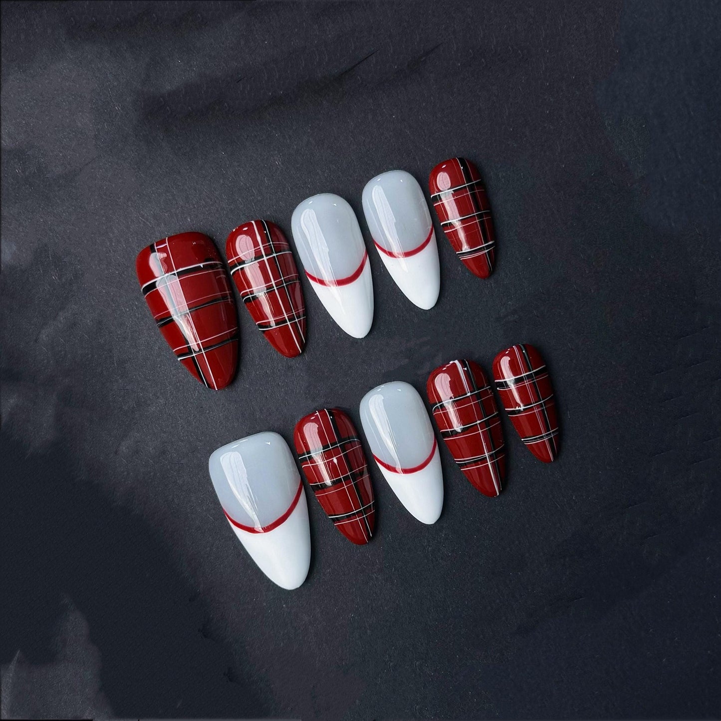 Classic Red Tartan and French Tip Press-On Nail Set. Vintage Chic Plaid Design. Artificial reusable fake glue on faux manicure nail art.