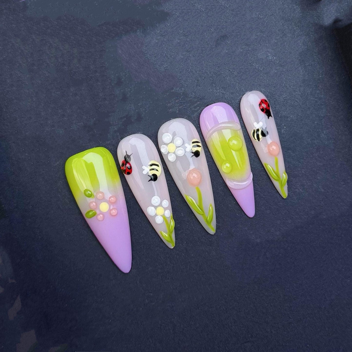 3D Spring Garden Press-On Nails with Bees Ladybugs Flowers and Ombre Tips – Long stiletto. Artificial reusable fake faux manicure nails art.