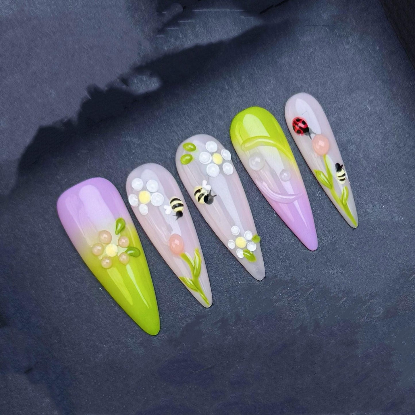 3D Spring Garden Press-On Nails with Bees Ladybugs Flowers and Ombre Tips – Long stiletto. Artificial reusable fake faux manicure nails art.