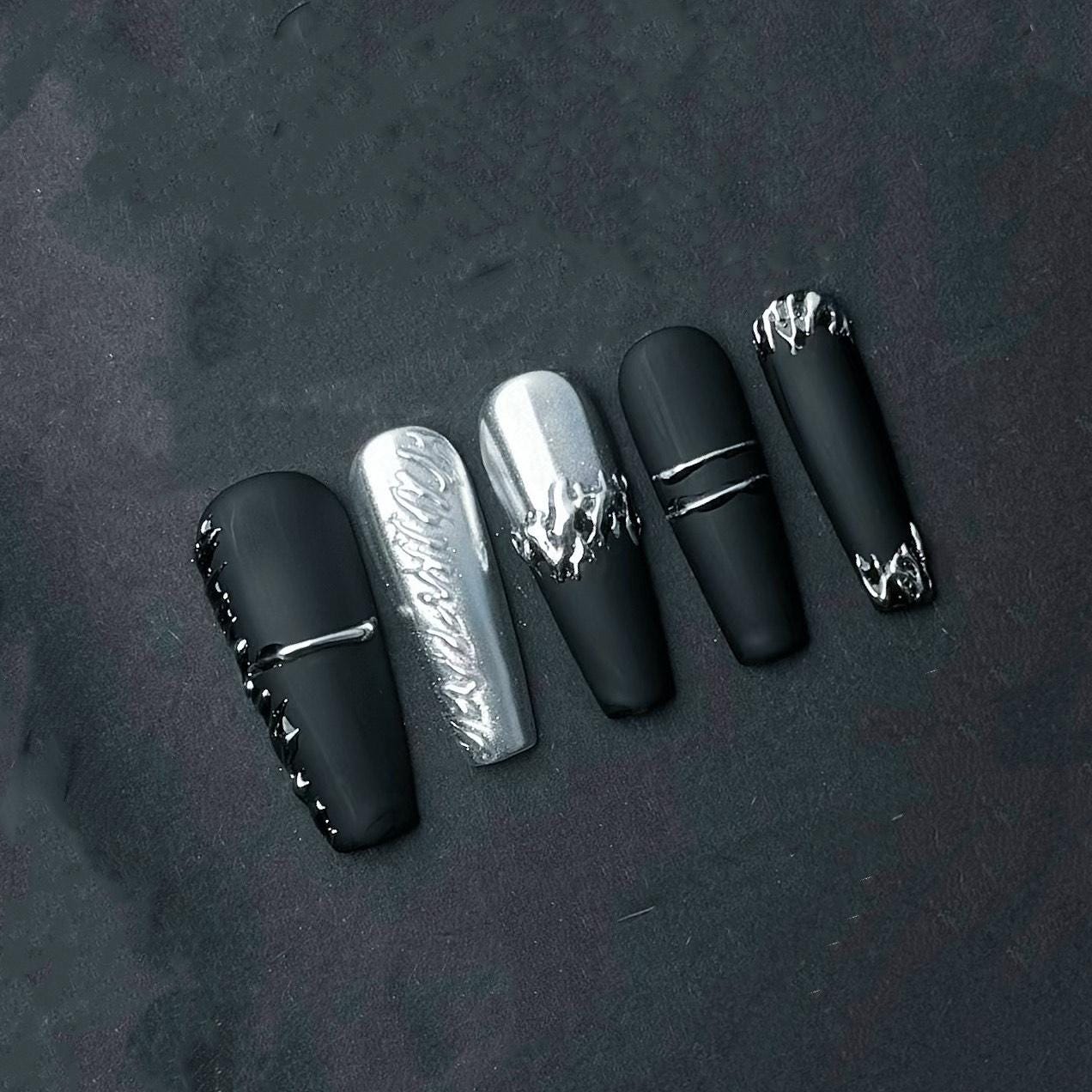 Black and Silver Chrome Flame Press-On Nails – 3D Drip Texture on Matte Coffin Set. Artificial reusable fake glue on faux manicure nail art.