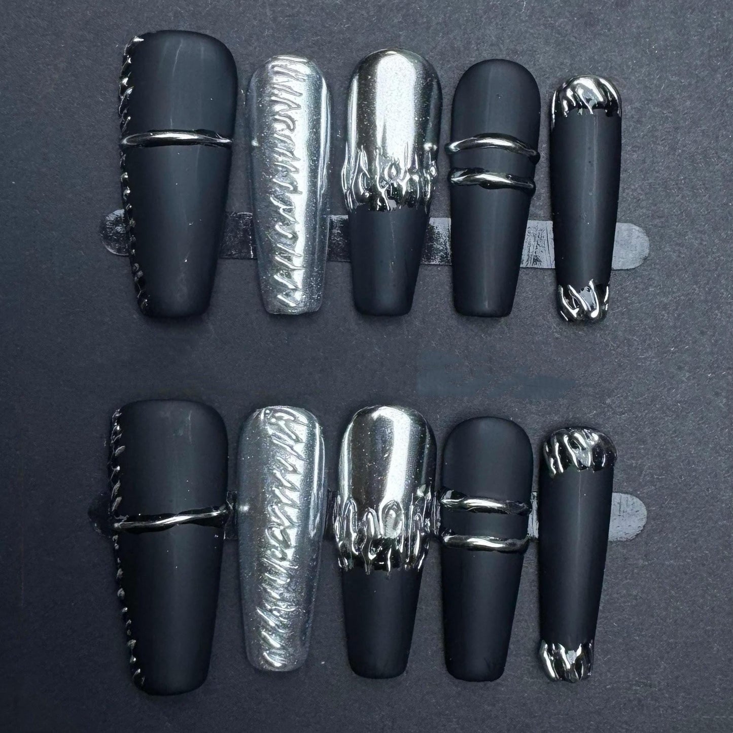 Black and Silver Chrome Flame Press-On Nails – 3D Drip Texture on Matte Coffin Set. Artificial reusable fake glue on faux manicure nail art.