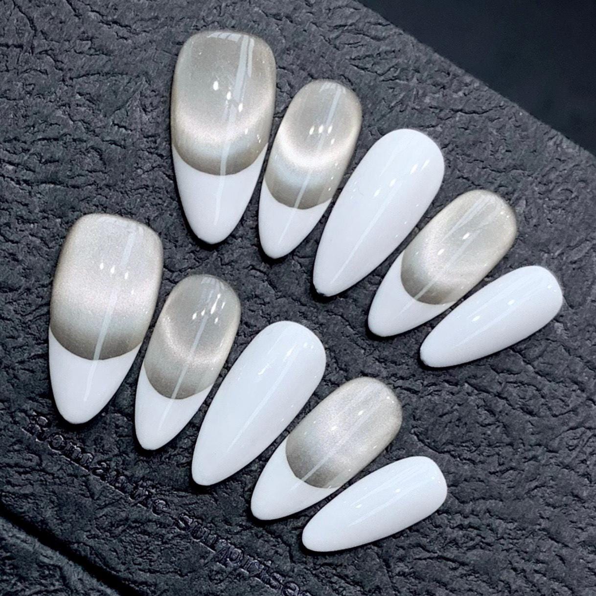 Elegant Metallic Champagne and White French Press-On Nails. Artificial reusable fake glue on faux manicure nails trendy art.