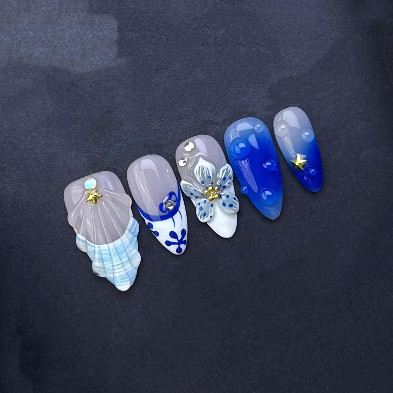 Ocean Blue Floral and Shell Press-On Nails – 3D Summer Beach Nail Set. Artificial reusable fake glue on faux manicure nails trendy art.