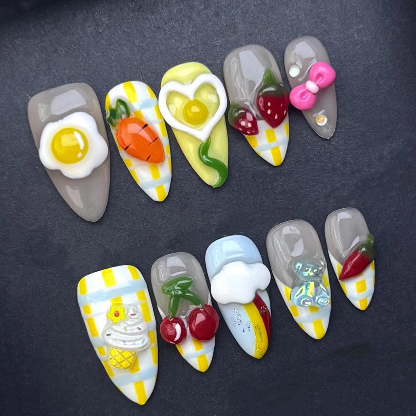 Kawaii Breakfast Picnic Press-On Nails –3D Food Theme with Gingham Pattern. Artificial reusable fake glue on faux manicure nails trendy art.