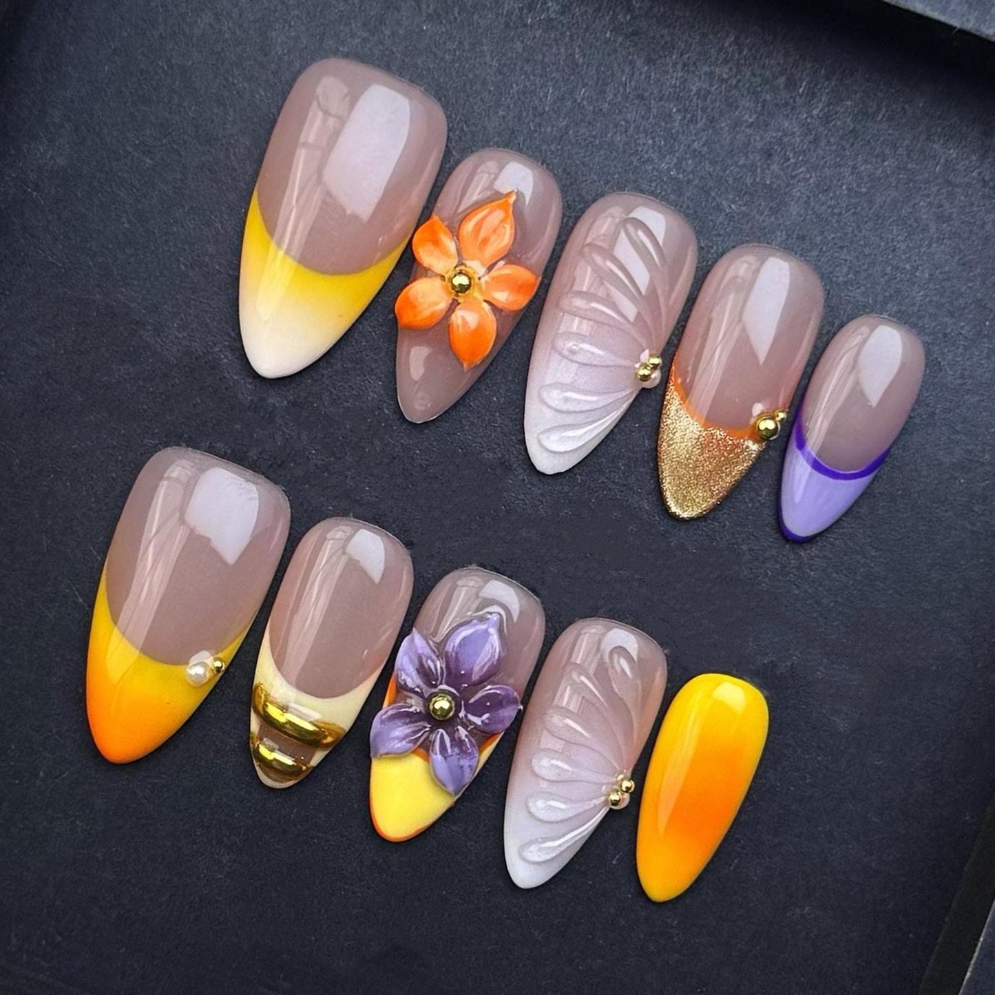 Sunset Bloom 3D Floral Gradient Press-On Nails – Orange Yellow Purple Petal Set. Artificial reusable fake glue on faux manicure nails art.