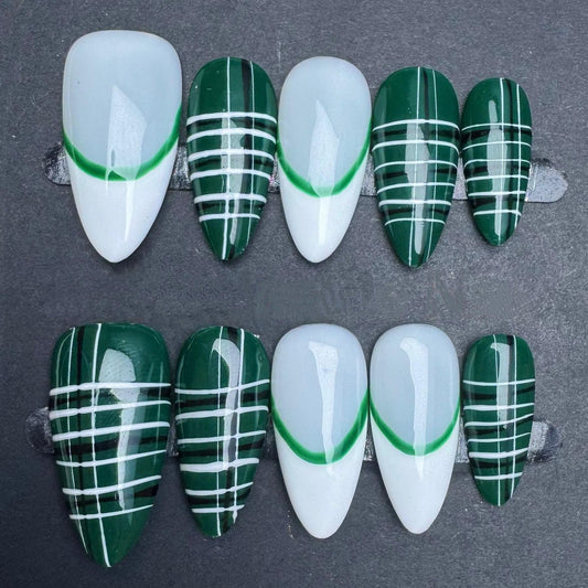 Emerald Green Plaid and French Tip Press-On Nails – Bold Modern Tartan Set. Artificial reusable fake glue on faux manicure nails trendy art.
