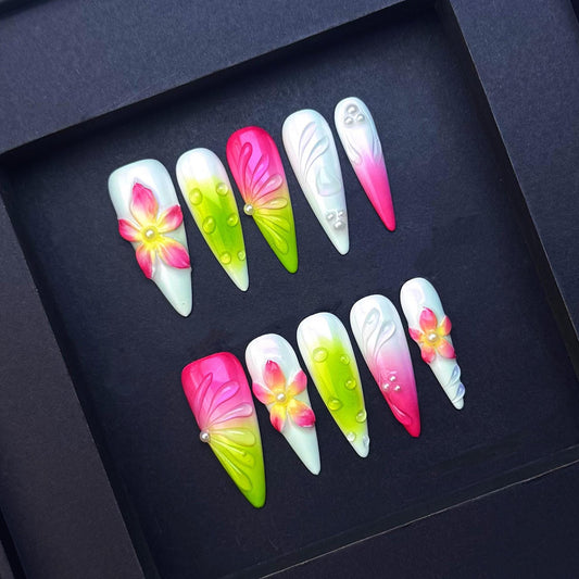 Neon Pink and Green 3D Flower Press On Nails with Dew Drop Accents artificial reusable fake glue on faux manicure nails trendy art