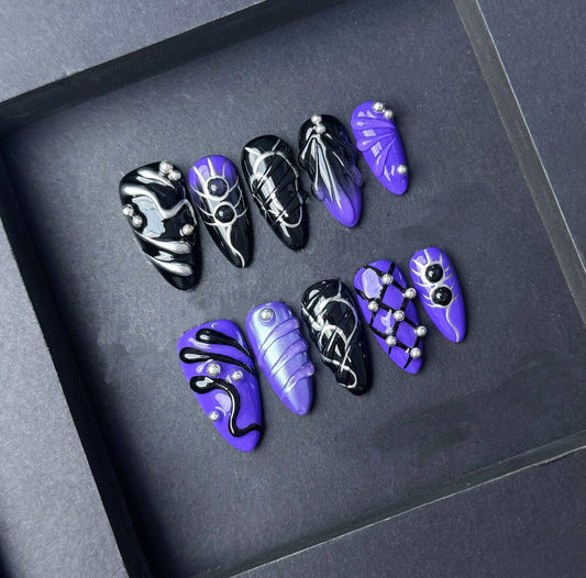 Gothic Purple and Black 3D Press On Nails with Chrome Accents artificial reusable fake glue on faux manicure nails trendy art