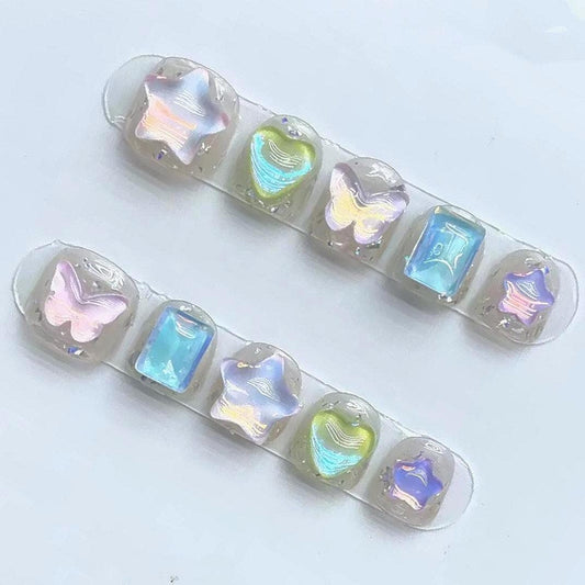 Iridescent Star Butterfly Heart Kids Press On Nails–Rainbow Candy Jelly Set. Artificial reusable fake glue on faux manicure nail trendy art.