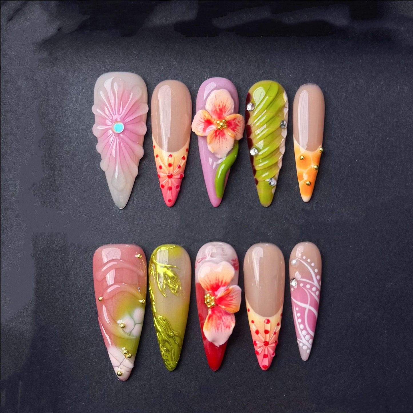 Vibrant Tropical Floral Press-On Nails with 3D Details and Gem Accents. Artificial reusable fake glue on faux manicure nails trendy art.