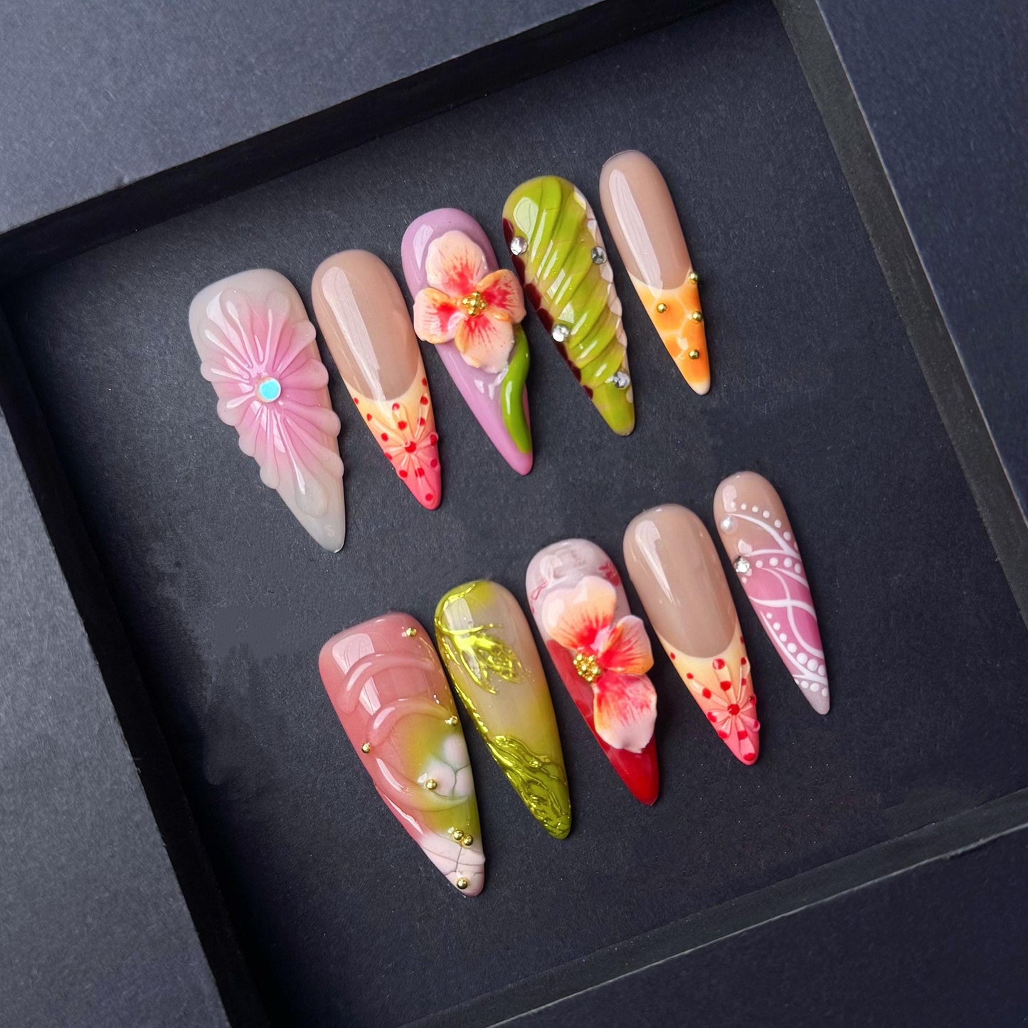 Vibrant Tropical Floral Press-On Nails with 3D Details and Gem Accents. Artificial reusable fake glue on faux manicure nails trendy art.