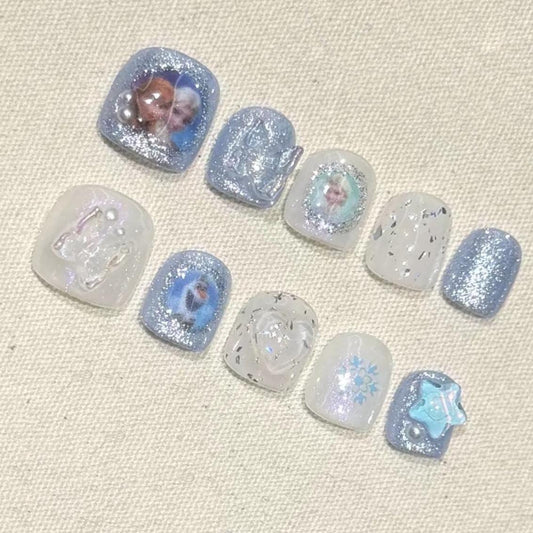 Princess Glitter Blue Press On nails for Kids Elsa Olaf Winter Snowflake Nail Set. Artificial reusable fake  faux manicure nails trendy art.