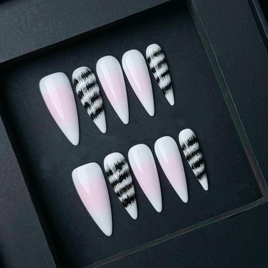 Pink and White Ombre Press On Nails with Black Abstract Zebra Stripe Accent. Artificial reusable fake glue on faux manicure nail trendy art.