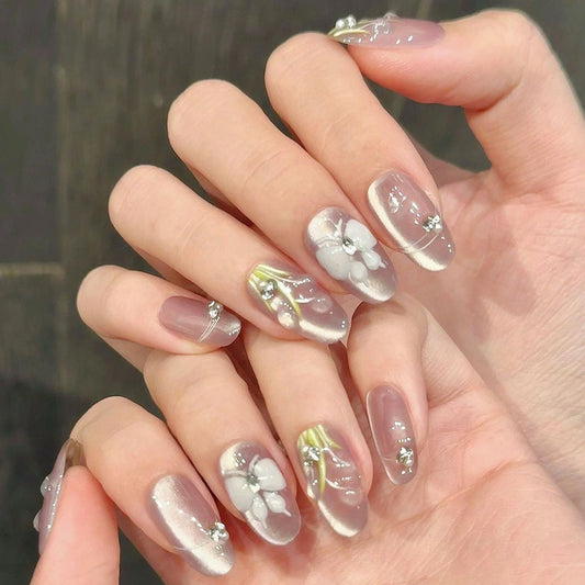 Shimmery Mauve Floral Press On Nails with 3D Flowers Rhinestones and Leaf Detailing. Artificial reusable  faux manicure nails trendy art.