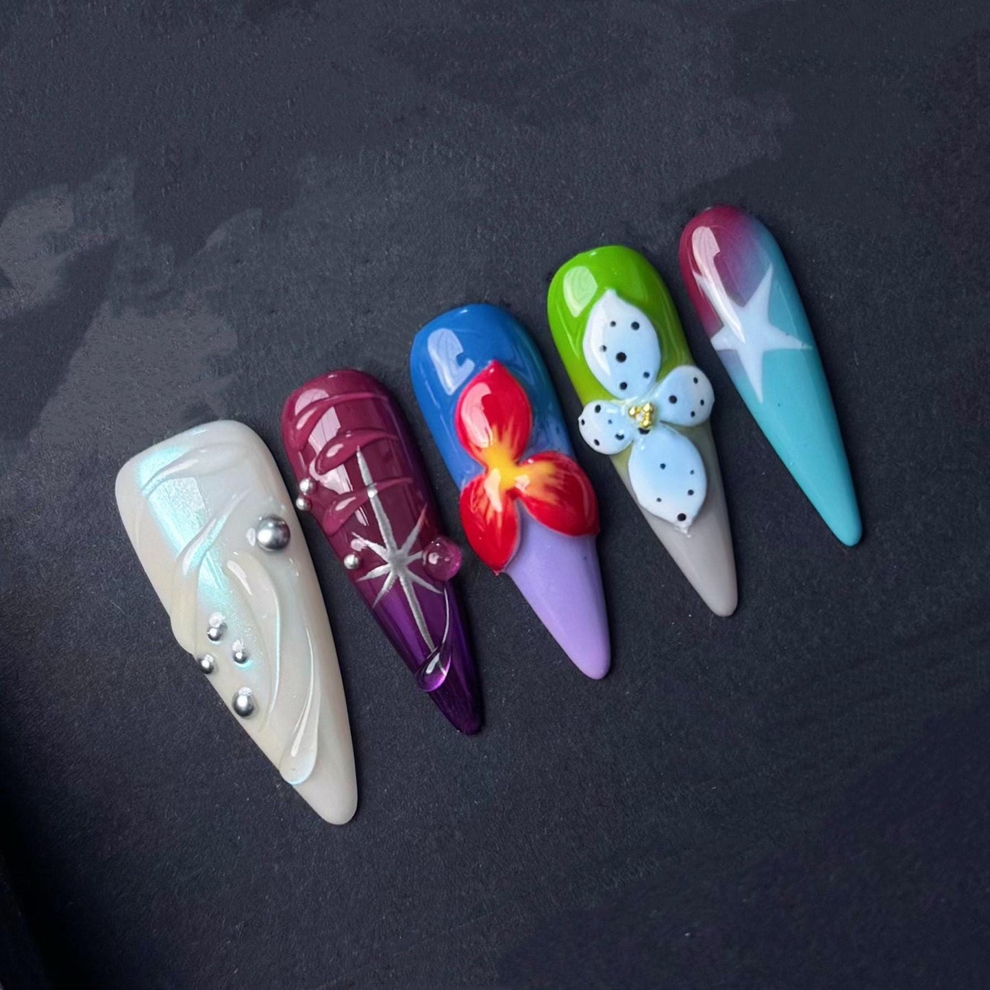 Tropical Starburst Press On Nails with 3D Flowers Bright Colors and Pearl Accents. Artificial reusable fake faux manicure nails trendy art.