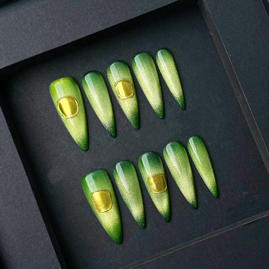 Emerald Green Chrome Ombre Press On Nails with Gold Gem Accents. Artificial reusable fake glue on faux manicure nails trendy art.