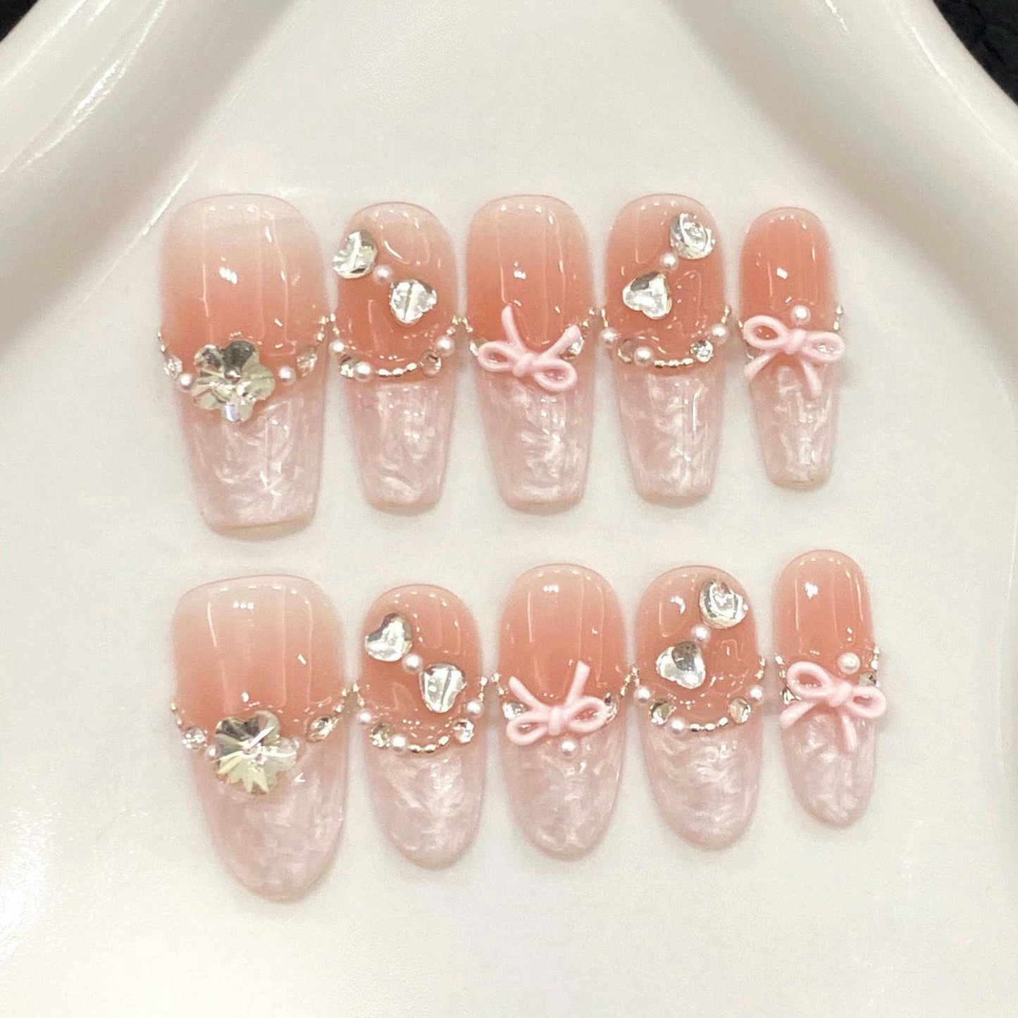 3D Lace French Press On Nails with Pink Bows Heart Charms and Crystals. Artificial reusable fake glue on faux manicure nails trendy art.