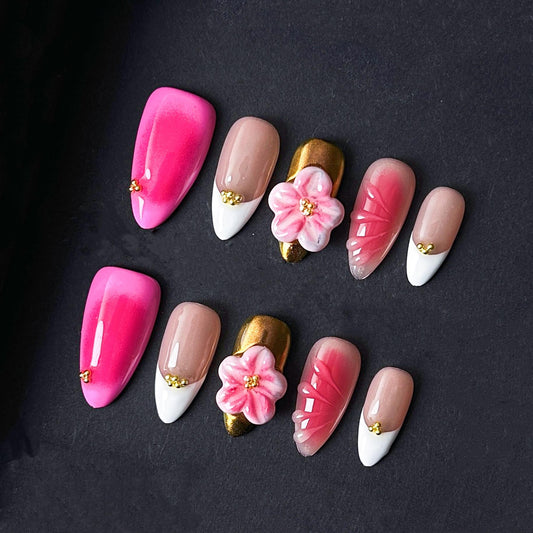 Hot Pink and Gold Floral Press On Nails with French Tips and 3D Blossoms. Artificial reusable fake glue on faux manicure nails trendy art.