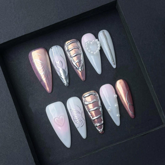 Rose Chrome and White Press On Nails with 3D Butterfly Hearts Pearls and Silver Accents. Artificial glue on faux manicure nails trendy art.