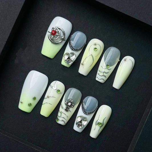 Green and Gray Chrome Accent Press On Nails with Chains Charms and Gradient Glow.
