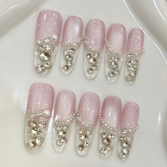 Elegant Pearl & Rhinestone Bridal Press On Nails – Soft Pink Lace with Crystal Tips. Artificial fake glue on faux manicure nails trendy art.
