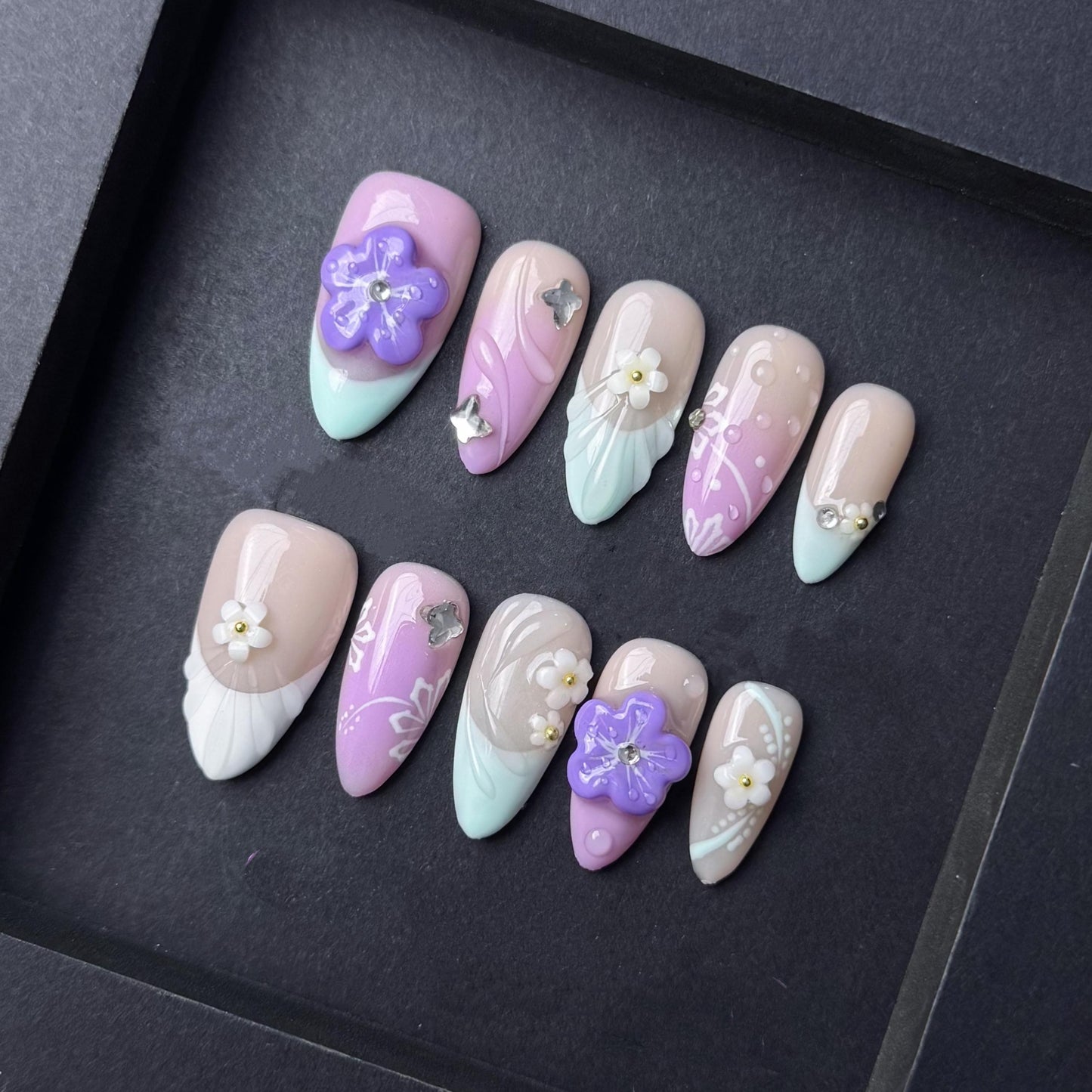 Pastel Garden Press On Nails with 3D Purple Flowers and Butterfly Charms artificial reusable fake glue on faux manicure nails trendy art