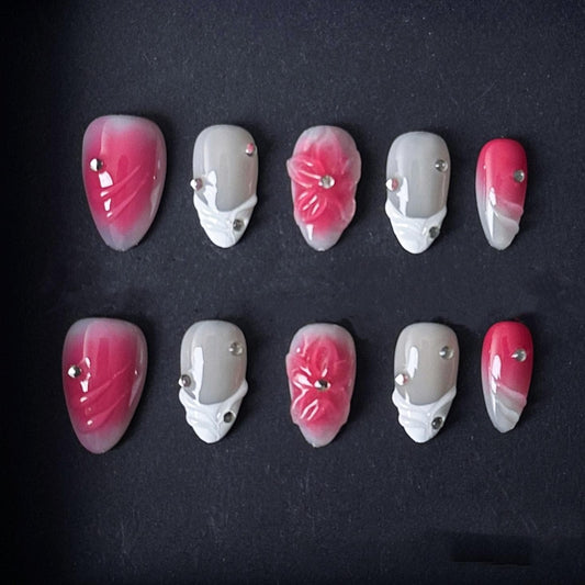 Pink Ombre and Gray Press On Nails with 3D Floral Accent and Crystal Details artificial reusable fake glue on faux manicure nails trendy art