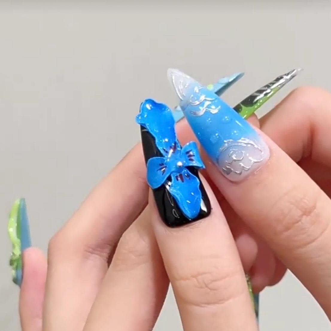 Neon Jungle Press On Nails with 3D Orchids and Tropical Abstract Art Artificial reusable fake glue on faux manicure nails trendy art