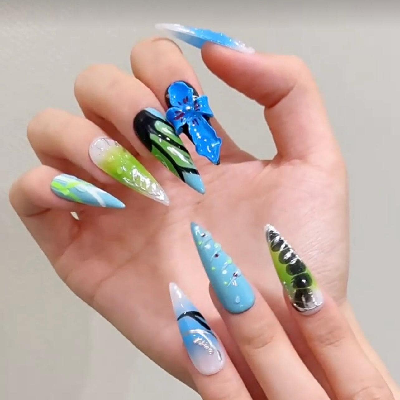 Neon Jungle Press On Nails with 3D Orchids and Tropical Abstract Art Artificial reusable fake glue on faux manicure nails trendy art