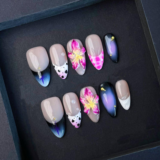 Mixed Aesthetic Press On Nails with 3D Orchid Cow Print and Galaxy Gradient Artificial reusable fake glue on faux manicure nails trendy art