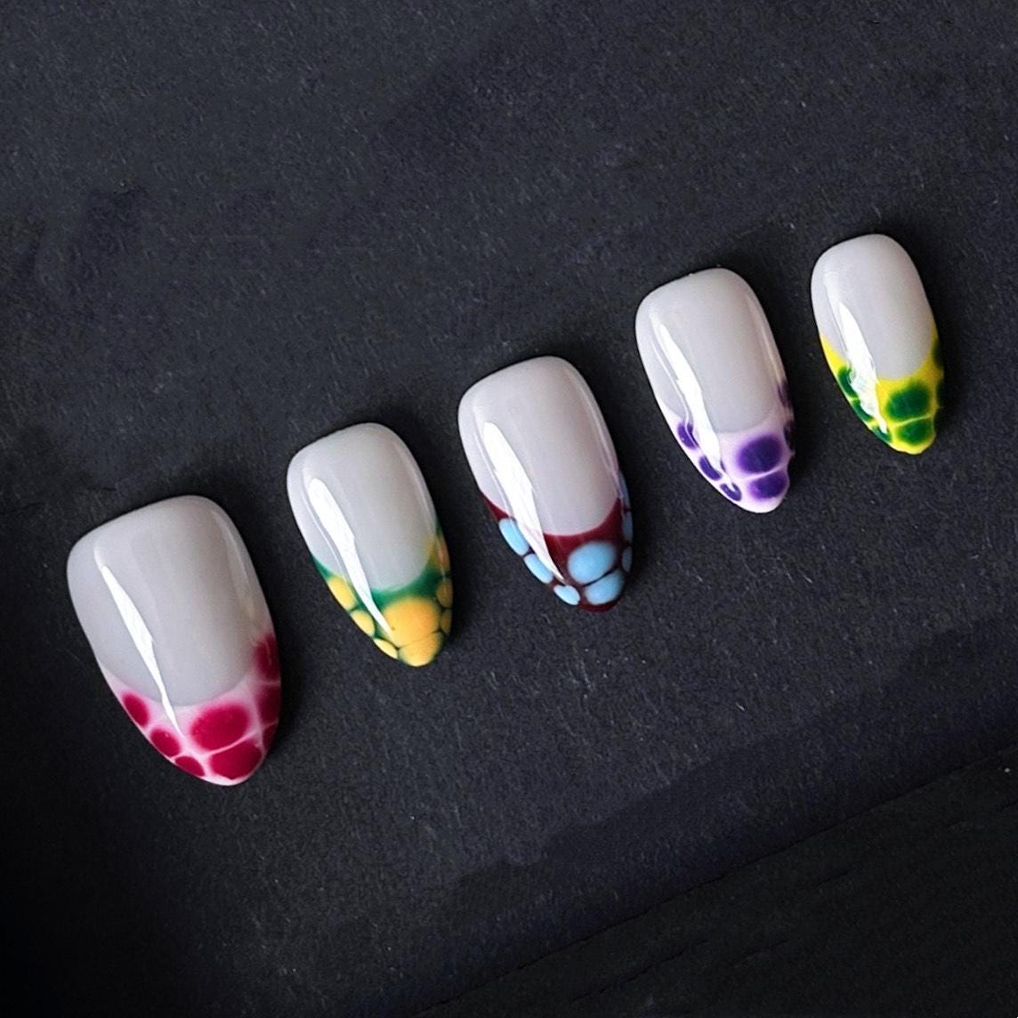 Color Pop Bubble Tip Press On Nails – Multi-Colored Gradient French Design. Artificial reusable fake glue on faux manicure nails trendy art.