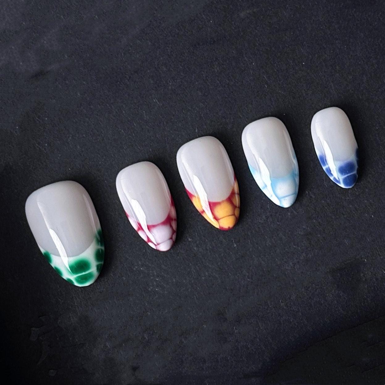 Color Pop Bubble Tip Press On Nails – Multi-Colored Gradient French Design. Artificial reusable fake glue on faux manicure nails trendy art.