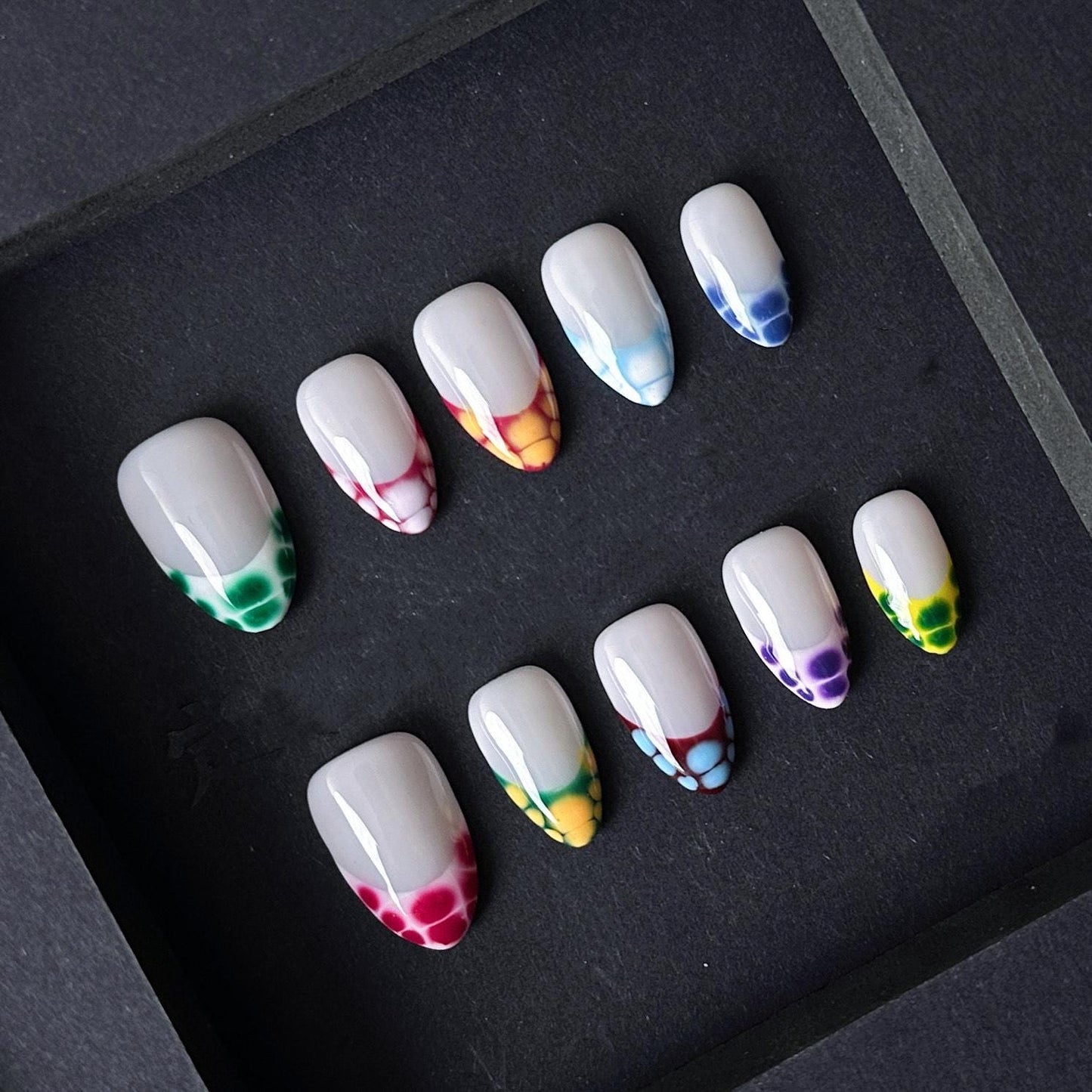 Color Pop Bubble Tip Press On Nails – Multi-Colored Gradient French Design. Artificial reusable fake glue on faux manicure nails trendy art.