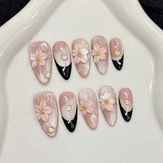 Elegant Blush & Black Floral Press On Nails –3D Pink Flower Accents with Glitter and Rhinestones. Artificial reusable fake nails trendy art.