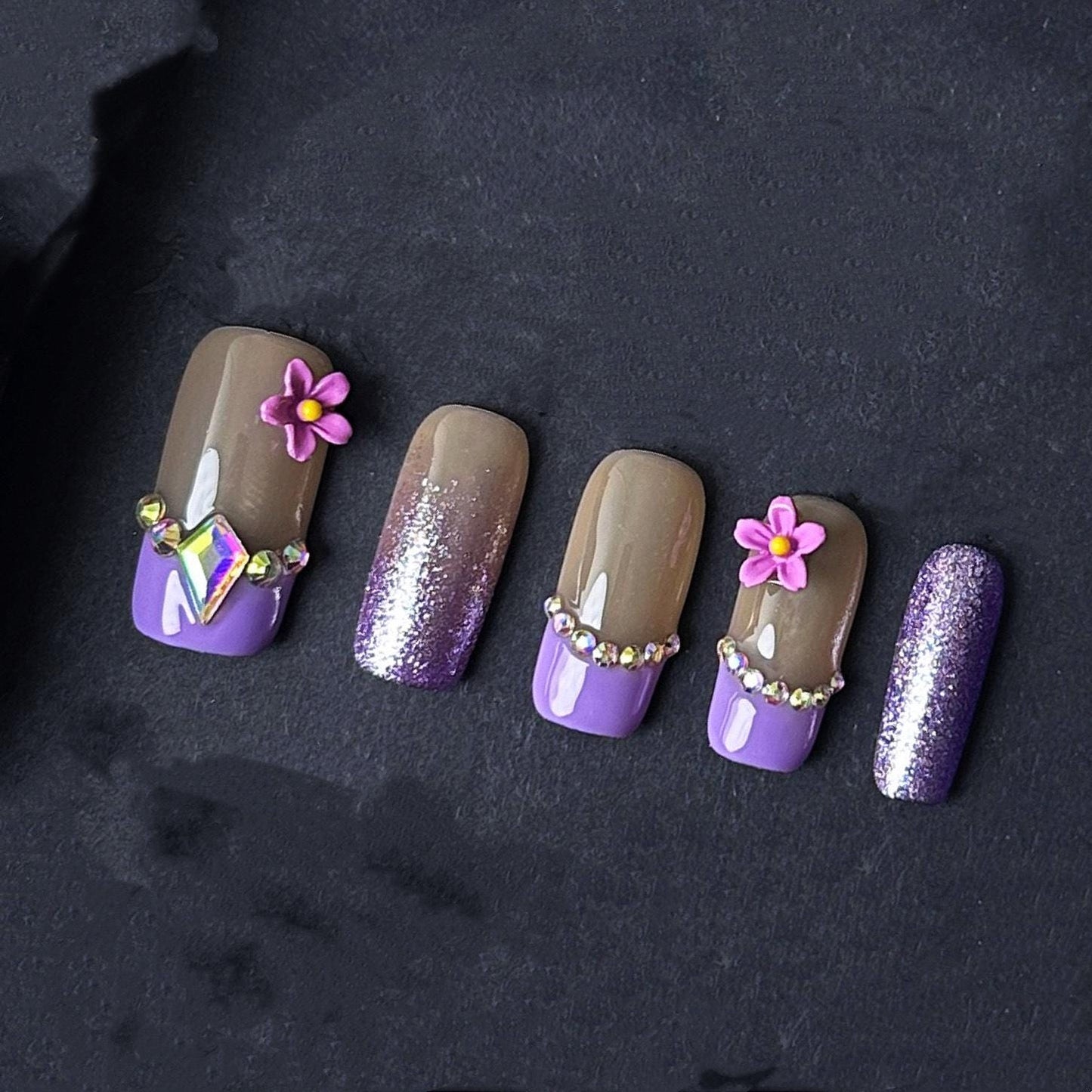 Purple Glam Floral Rhinestone Press On Nails–Short Square Sparkle Nail Set. Artificial reusable fake glue on faux manicure nails trendy art.