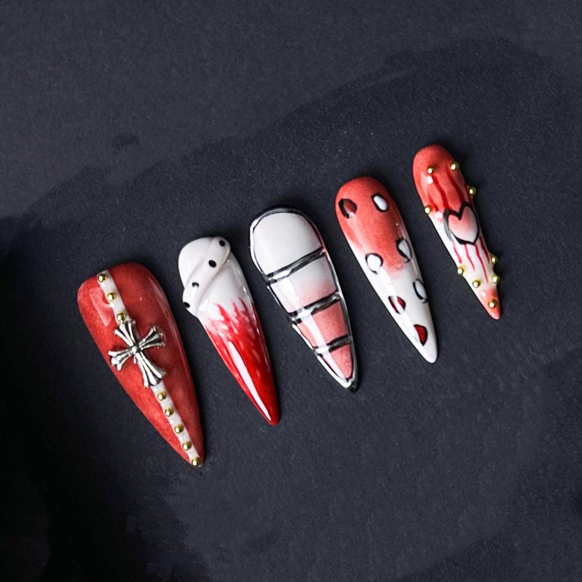 Gothic Heart & Chocolate Drip Press-On Nails – Edgy Red Black Valentine Design. Artificial reusable fake glue on manicure nails trendy art.