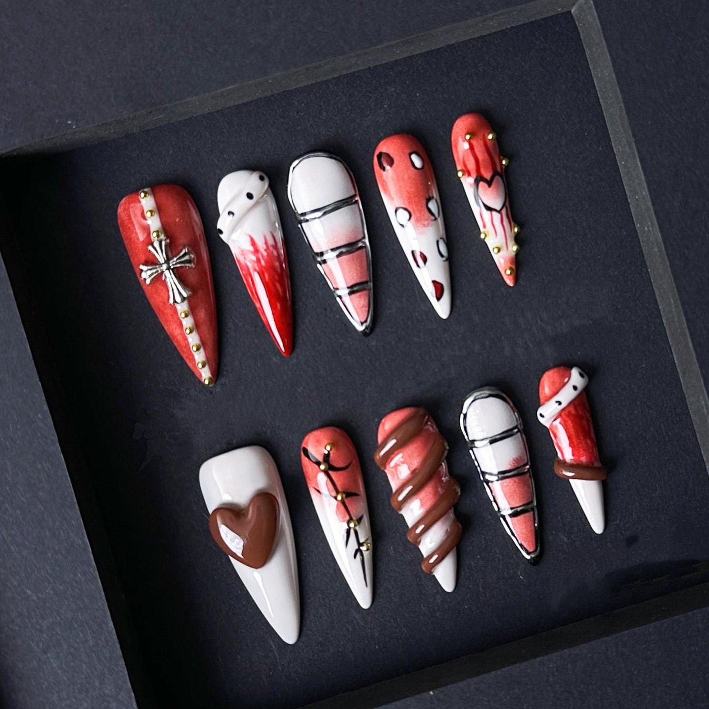 Gothic Heart & Chocolate Drip Press-On Nails – Edgy Red Black Valentine Design. Artificial reusable fake glue on manicure nails trendy art.