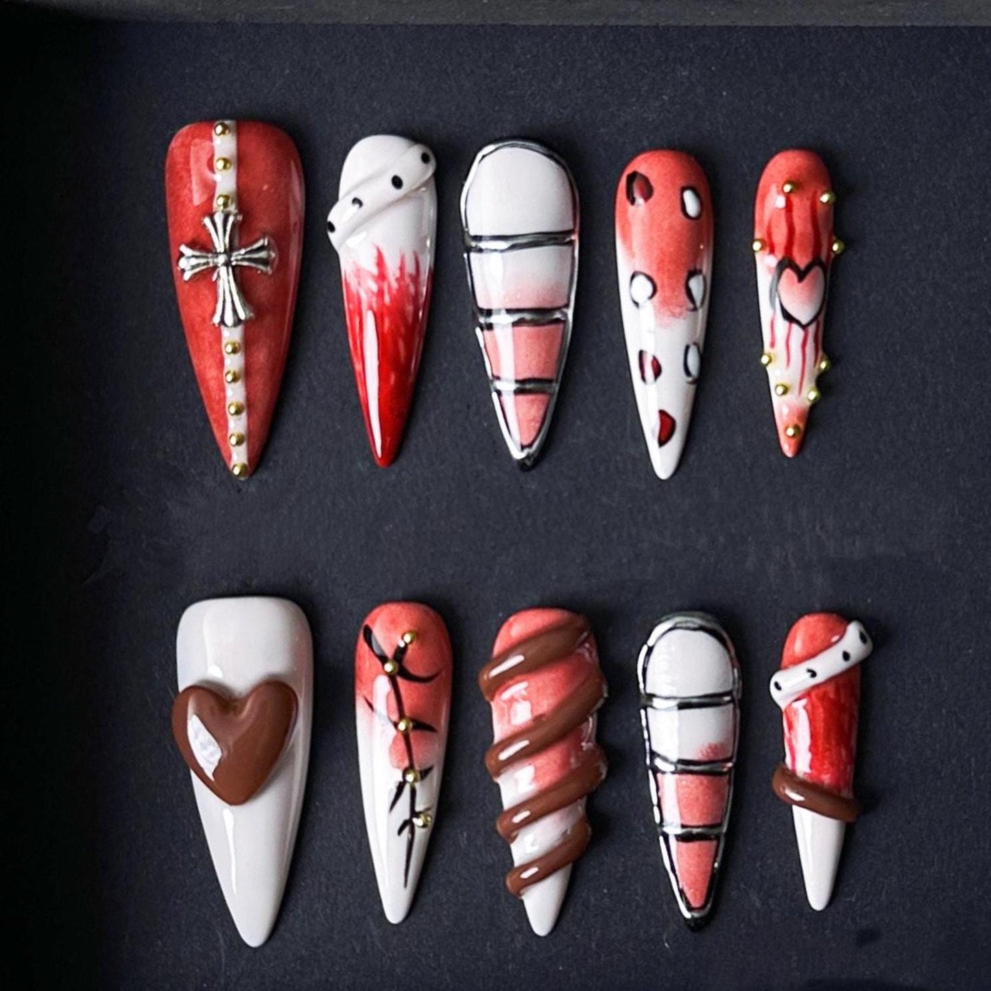 Gothic Heart & Chocolate Drip Press-On Nails – Edgy Red Black Valentine Design. Artificial reusable fake glue on manicure nails trendy art.