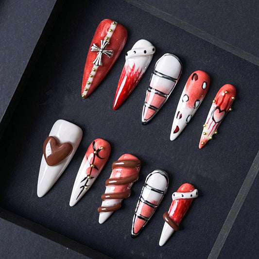 Gothic Heart & Chocolate Drip Press-On Nails – Edgy Red Black Valentine Design. Artificial reusable fake glue on manicure nails trendy art.