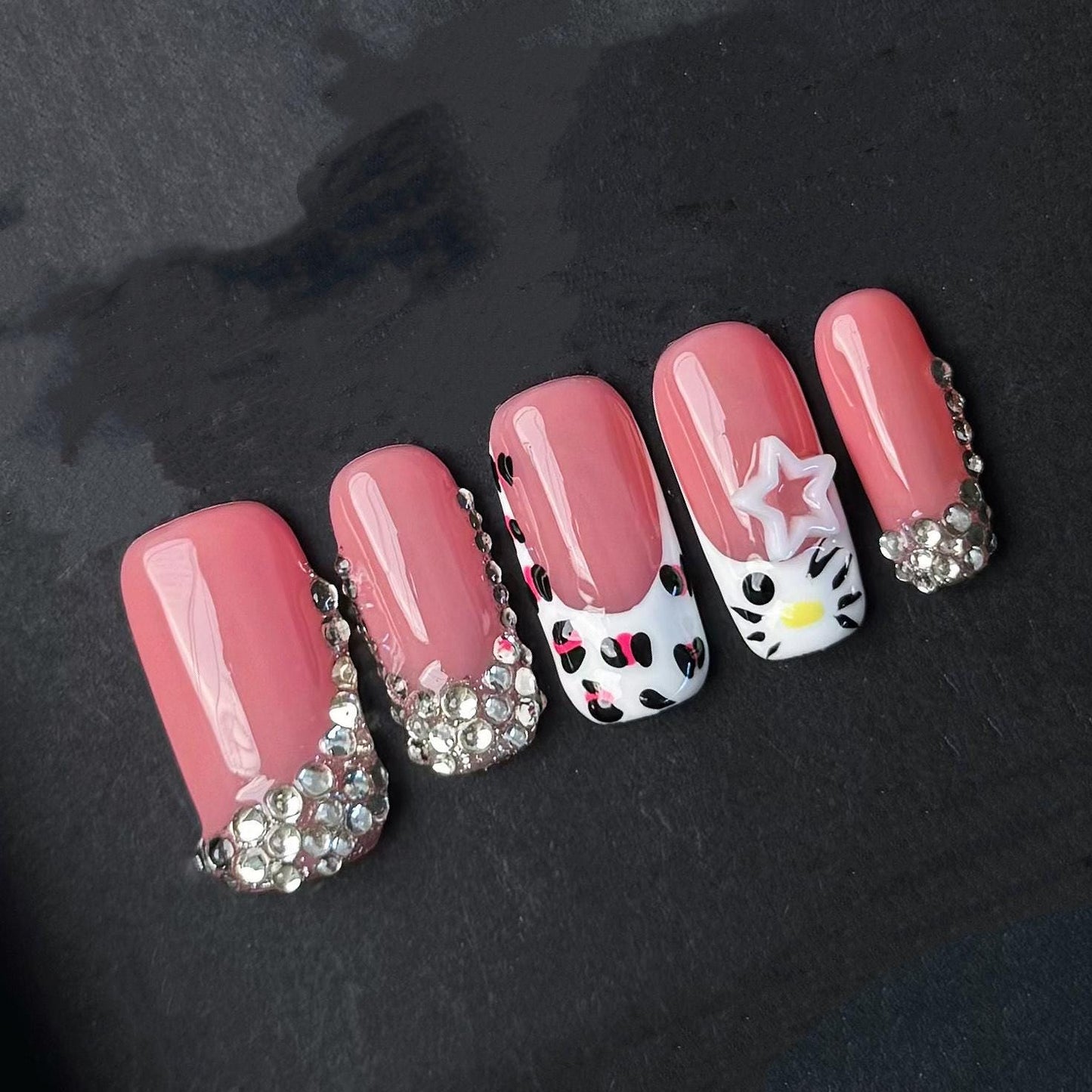 Pink Rhinestone Hello Kitty Inspired Press On Nails–Cute Star & Bow Design. Artificial reusable fake glue on faux manicure nails trendy art.
