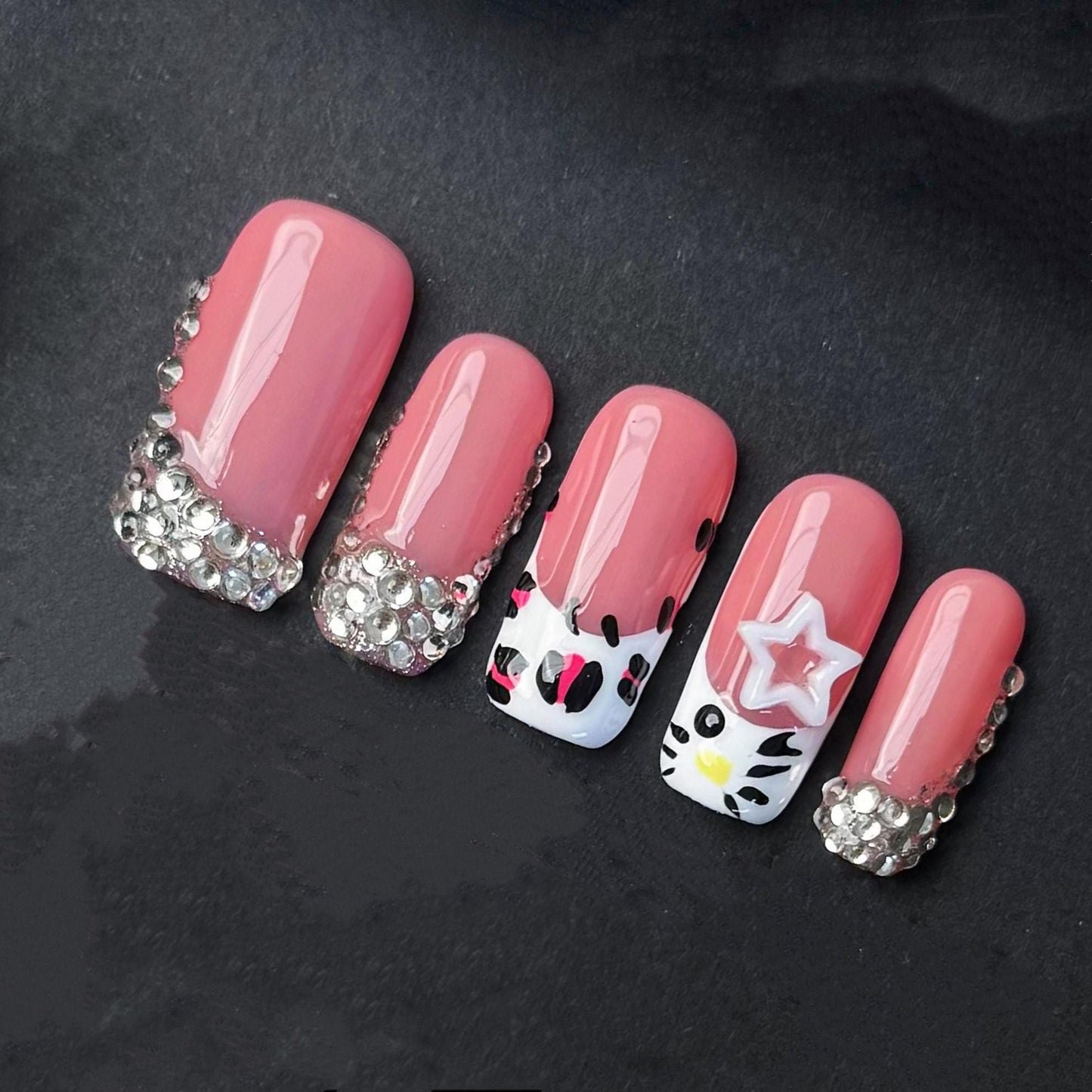 Pink Rhinestone Hello Kitty Inspired Press On Nails–Cute Star & Bow Design. Artificial reusable fake glue on faux manicure nails trendy art.