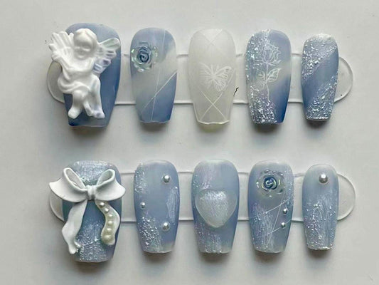 Icy Blue Angel Press On Nails with 3D Charms Pearls and Glitter Details Manicure press on artificial glue on faux reusable trendy nail