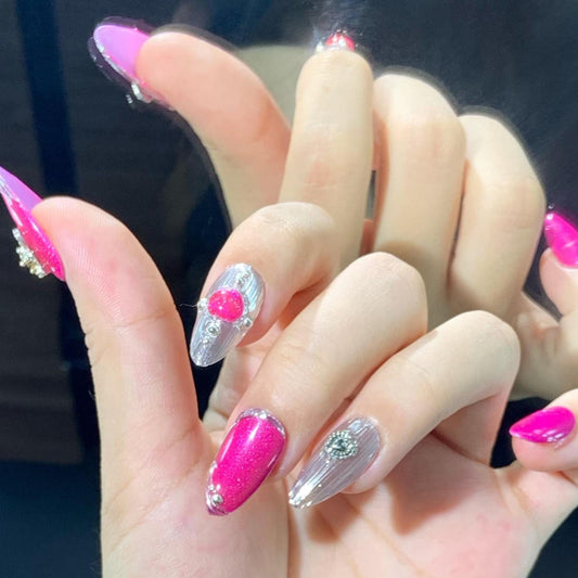 Hot Pink and Chrome Press-On Nails with 3D Charms – Royal Glam Rock Nail Set Artificial reusable fake glue on faux manicure nails trendy art
